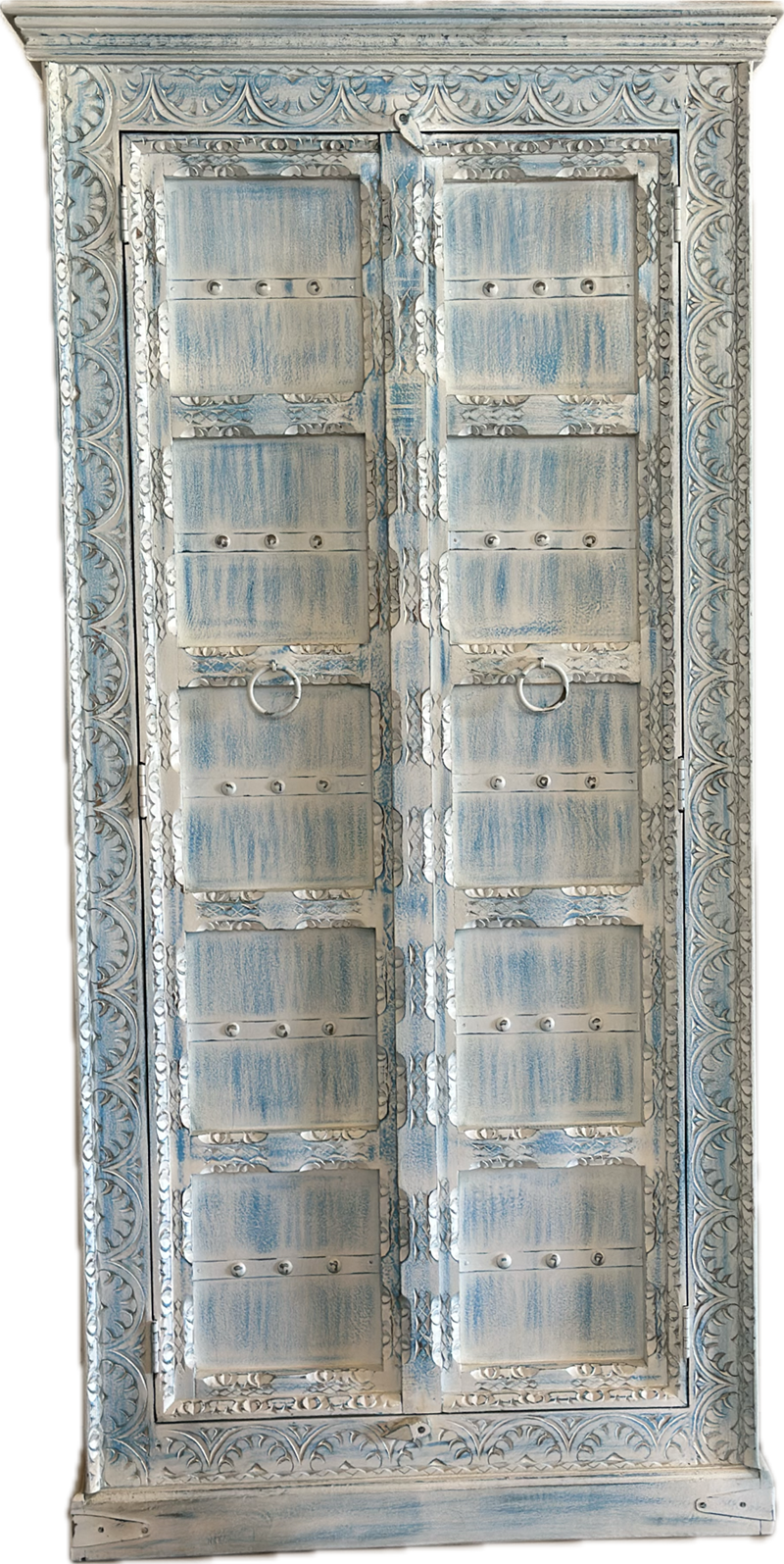 ARMÁRIO DE MADEIRA TALHADO ARTESANAL ENVELHECIDO AZUL